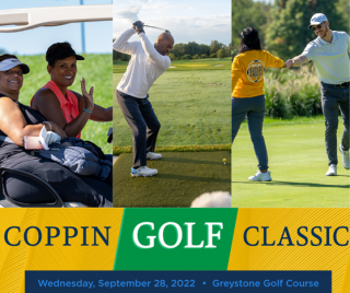 Left to right, women in golf cart waving, Man teeing up for golf, and people fist bumping on the golf course